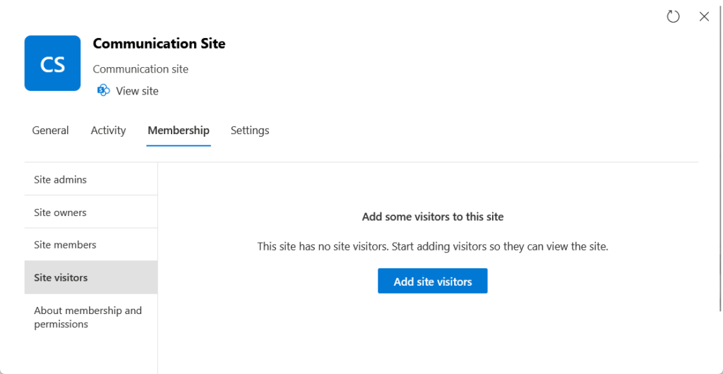 membership tab of a site in the admin center