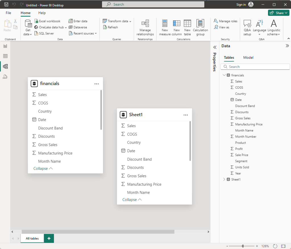 model view of sample data in power bi