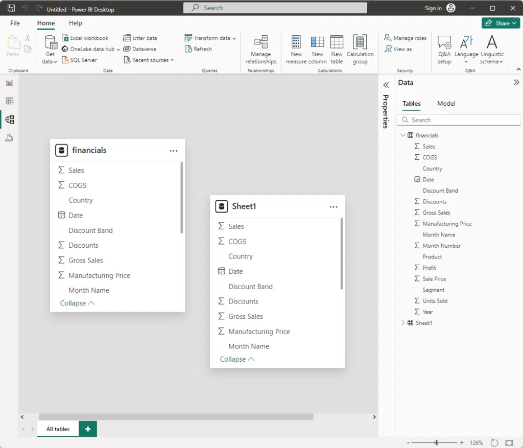 model view of sample data in power bi