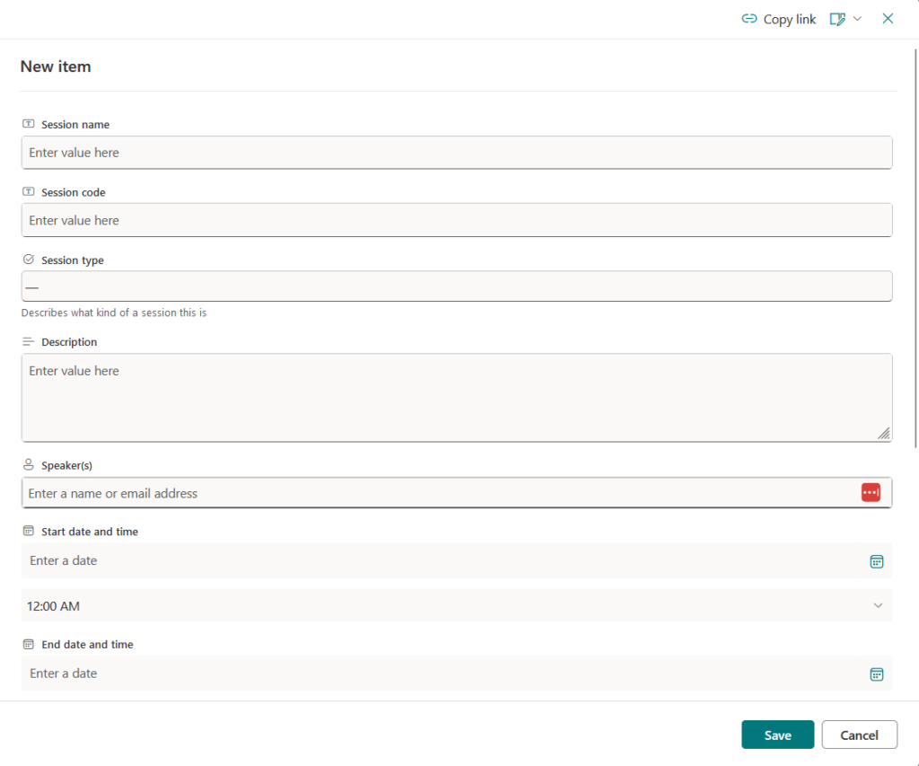 new item form for a list
