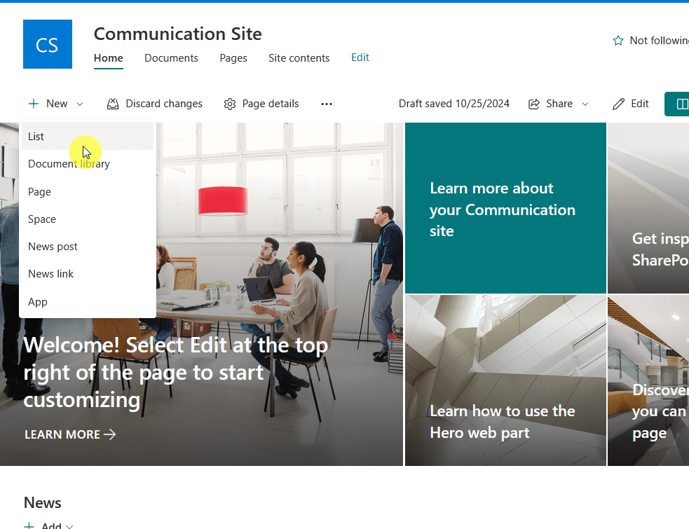 new list option on a communication site
