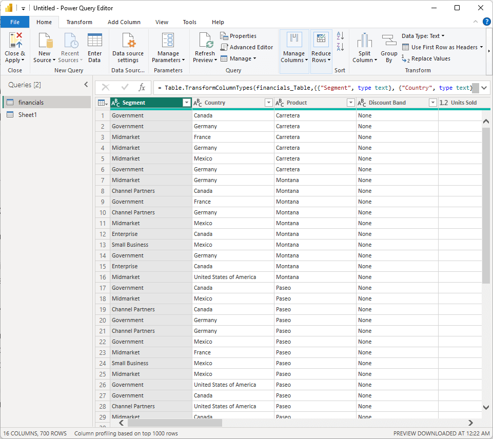 power query editor on sample data