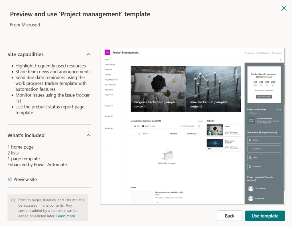 Screenshot of the SharePoint interface showing the preview window for the βProject managementβ site template from Microsoft. The panel describes site capabilities such as highlighting resources, sharing announcements, sending due date reminders, and monitoring issues. A preview of the template layout appears on the right, showing sections for progress tracker, issue tracker, milestones, and team tools. Buttons for βBackβ and βUse templateβ are at the bottom.