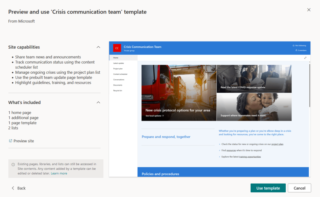 preview and use the crisis communication team template