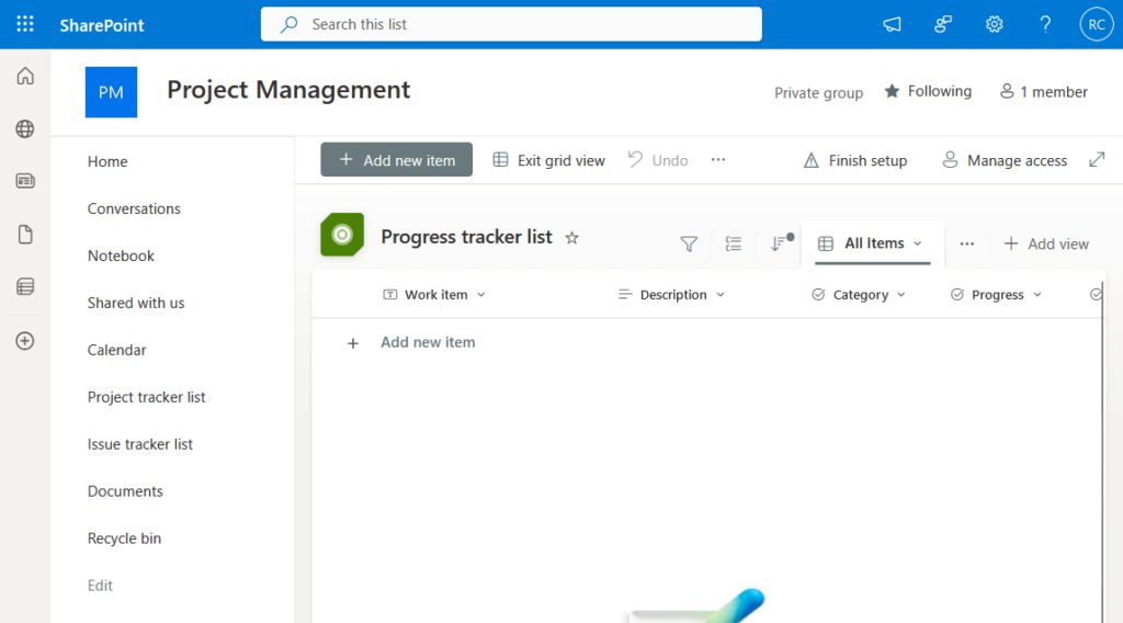 project tracker list in pm site