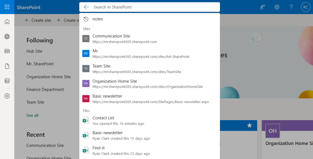 search in sharepoint suggestions in the home search