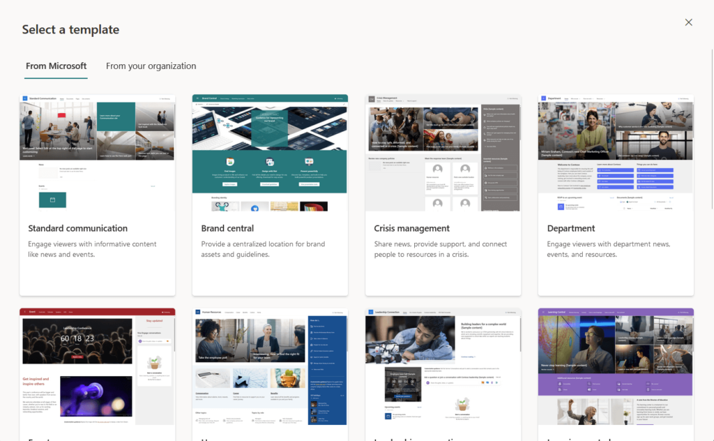 select a template from the list of team site templates