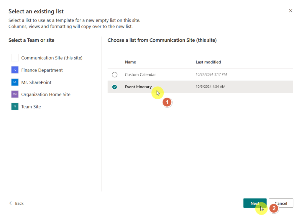 select an existing list to copy