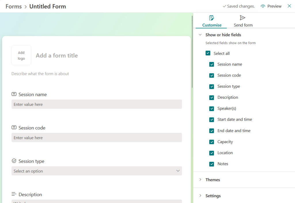 untitled and unedited new form in the form editor