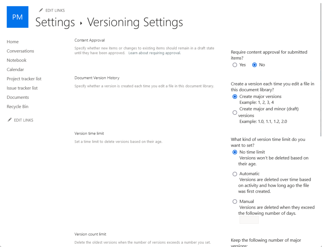 versioning settings in pm site