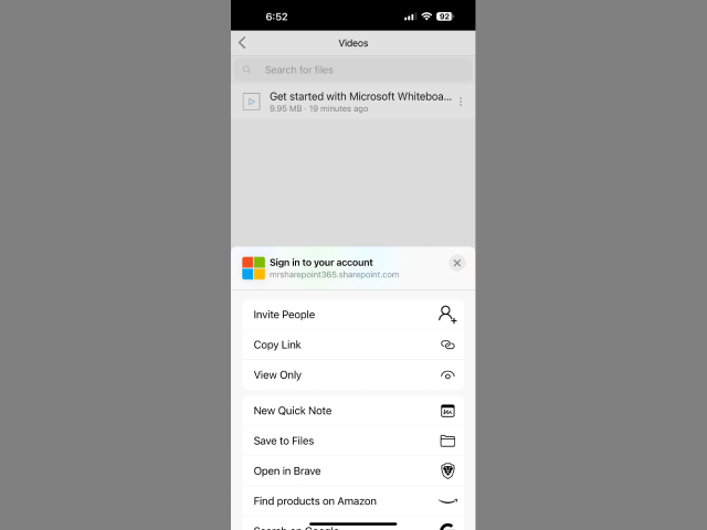 A smartphone screen shows a file titled Get started with Microsoft Whiteboa... and a menu with sharing options such as Invite People, Copy Link, View Only, Save to Files, and Open in Brave. A Microsoft sign-in prompt appears.