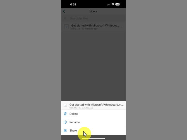 A smartphone screen shows a file menu with options to Delete, Rename, or Share the file Get started with Microsoft Whiteboard. A yellow cursor highlights the Share option.