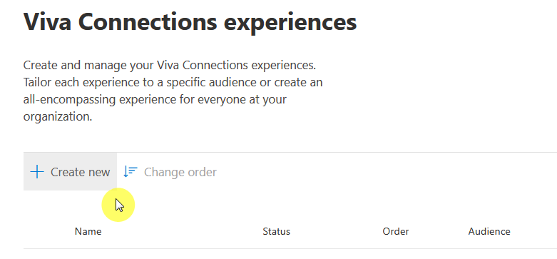 create new button in viva connections experiences