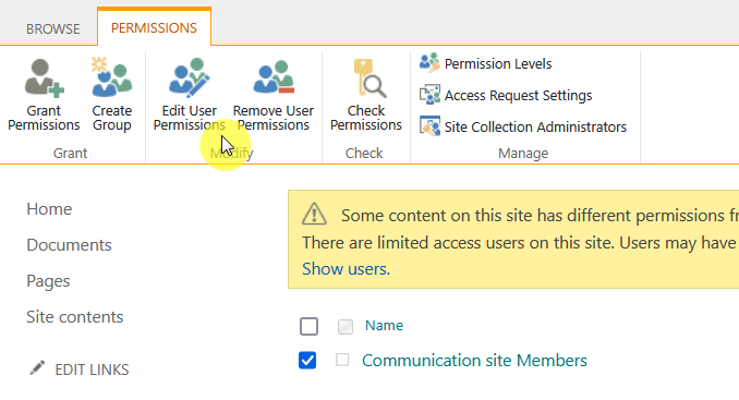 edit user permissions for communication site members