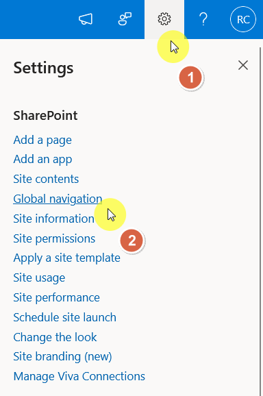 global navigation from the gear settings