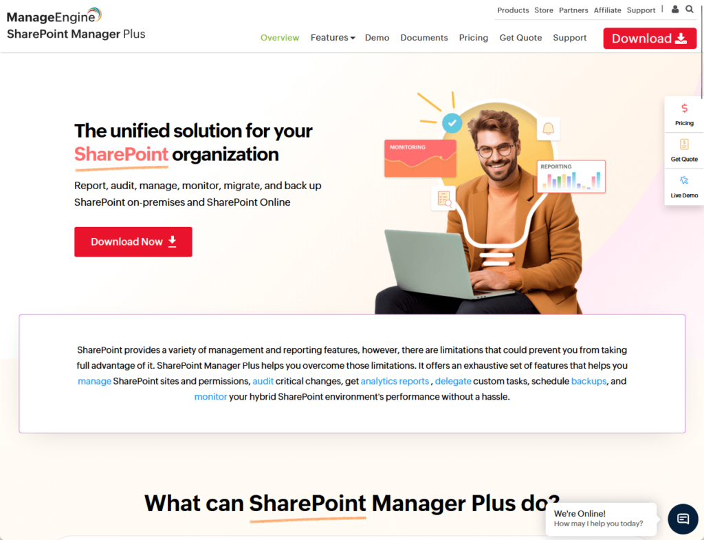 manageengine sharepoint manager plus landing page