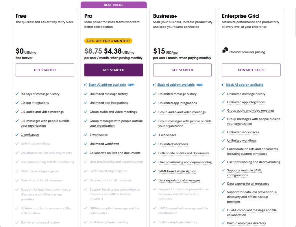 slack pricing table