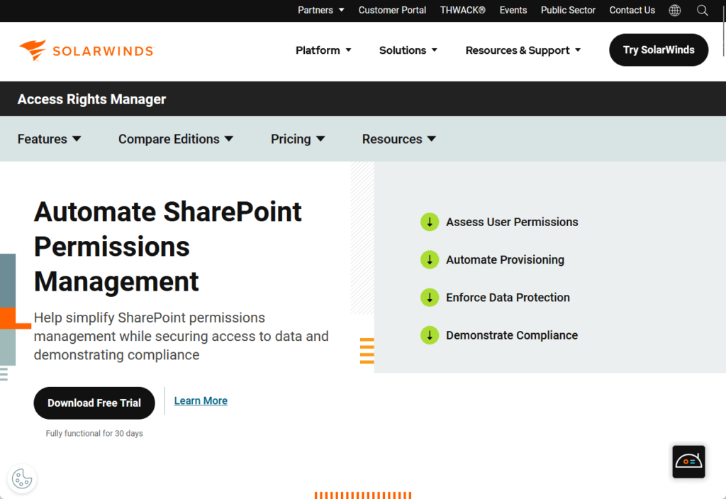 solarwinds access rights manager landing page