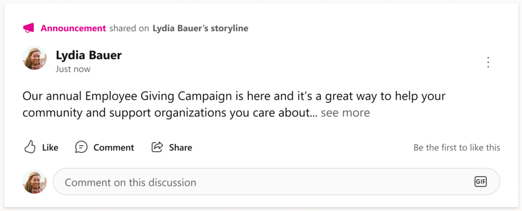 storyline announcement in viva engage
