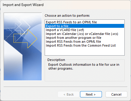 export to a file option in classic outlook