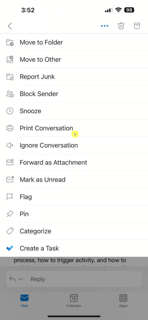 print conversation option in outlook mobile app