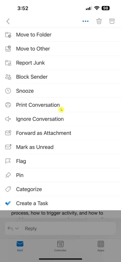 print conversation option in outlook mobile app