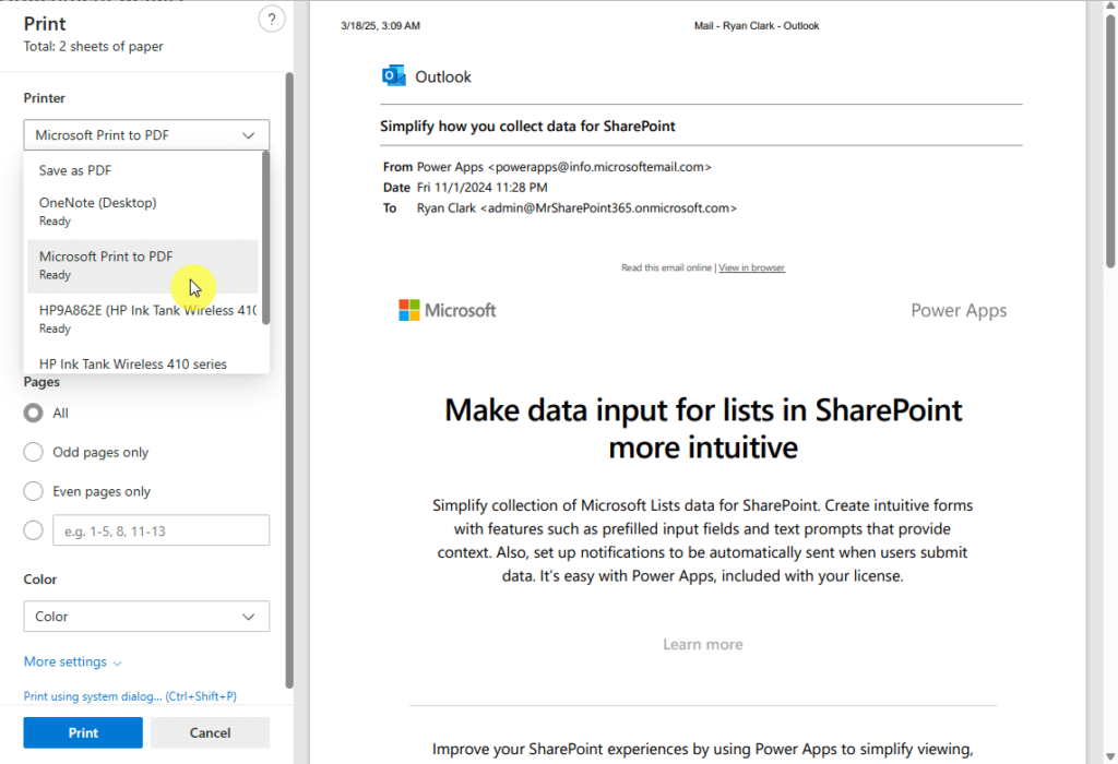 print to pdf option in new outlook