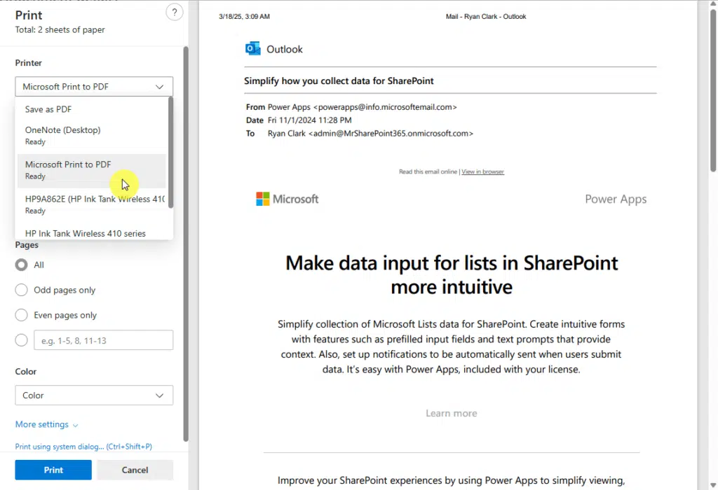 print to pdf option in new outlook