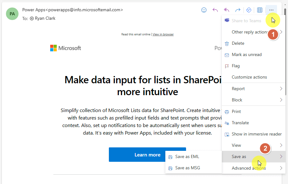save as option on email more actions on new outlook