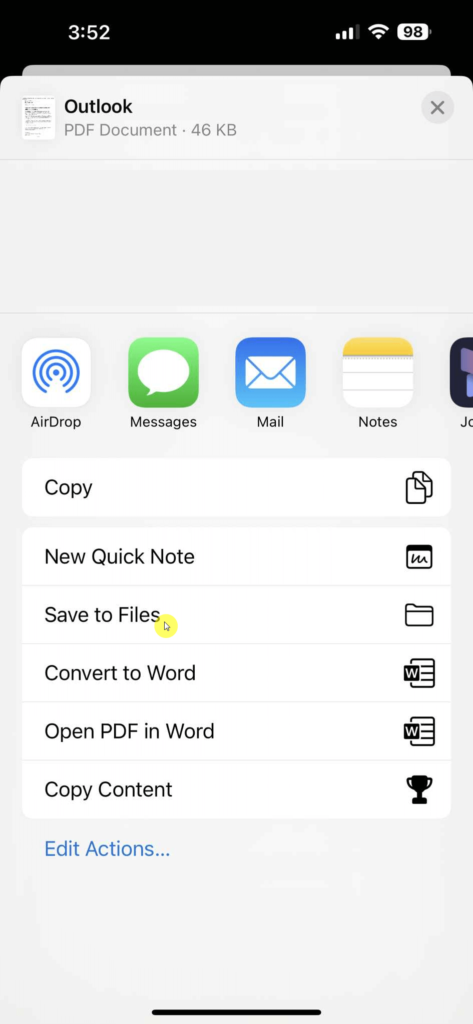 save to files option in outlook mobile app