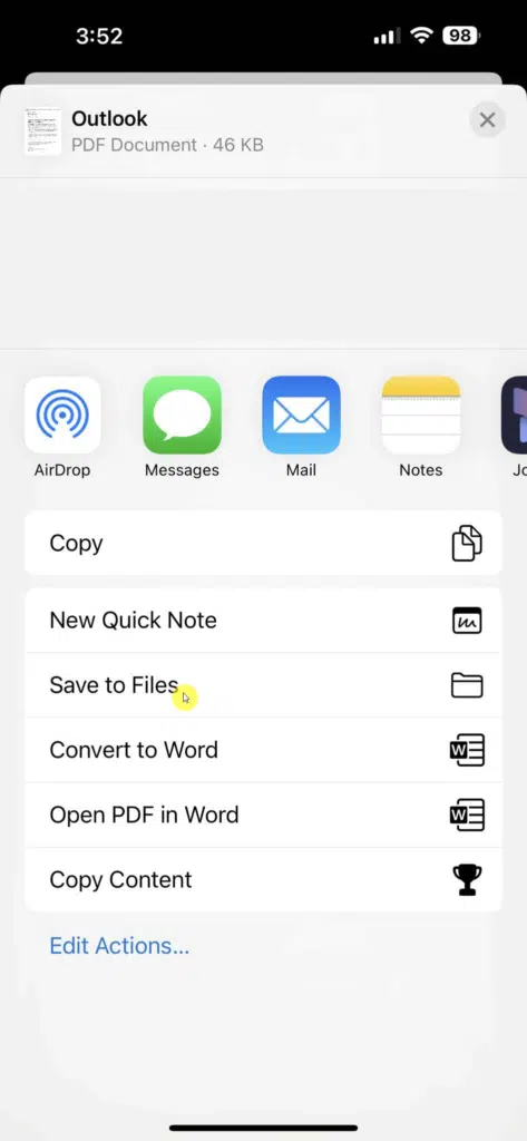 save to files option in outlook mobile app