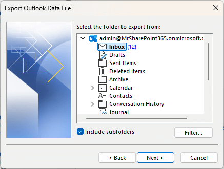 select the folder to export from in classic outlook