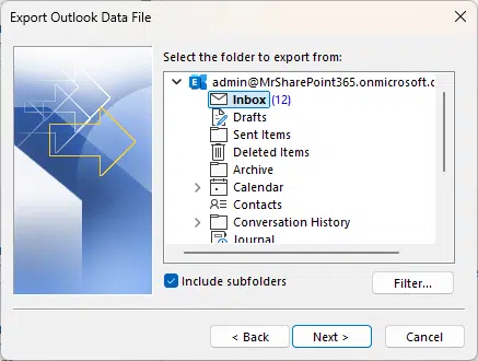 select the folder to export from in classic outlook