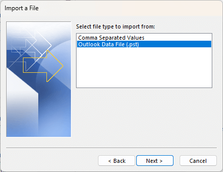 select the outlook data file option in classic outlook