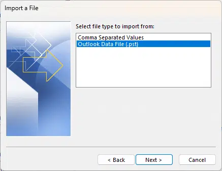 select the outlook data file option in classic outlook
