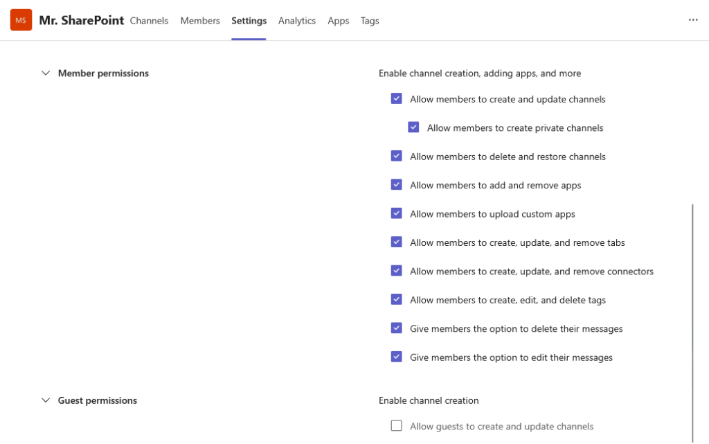 settings tab under manage team in teams