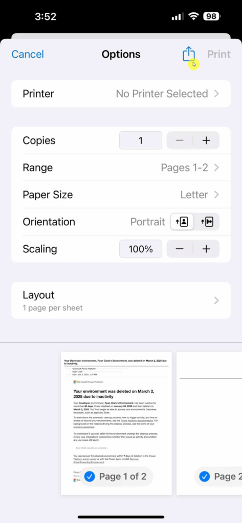 share option on print preview in outlook mobile app