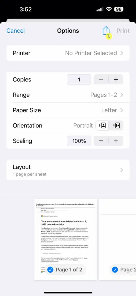 share option on print preview in outlook mobile app