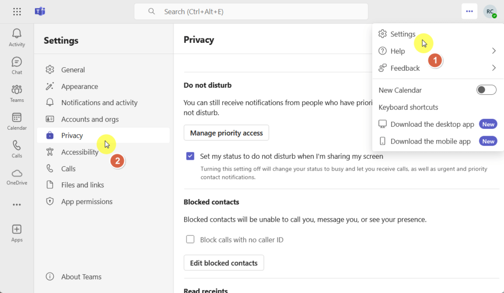 teams settings to privacy