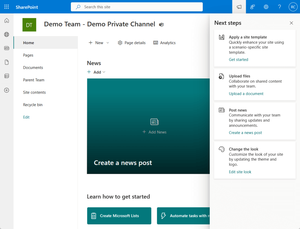 demo private channel site in sharepoint