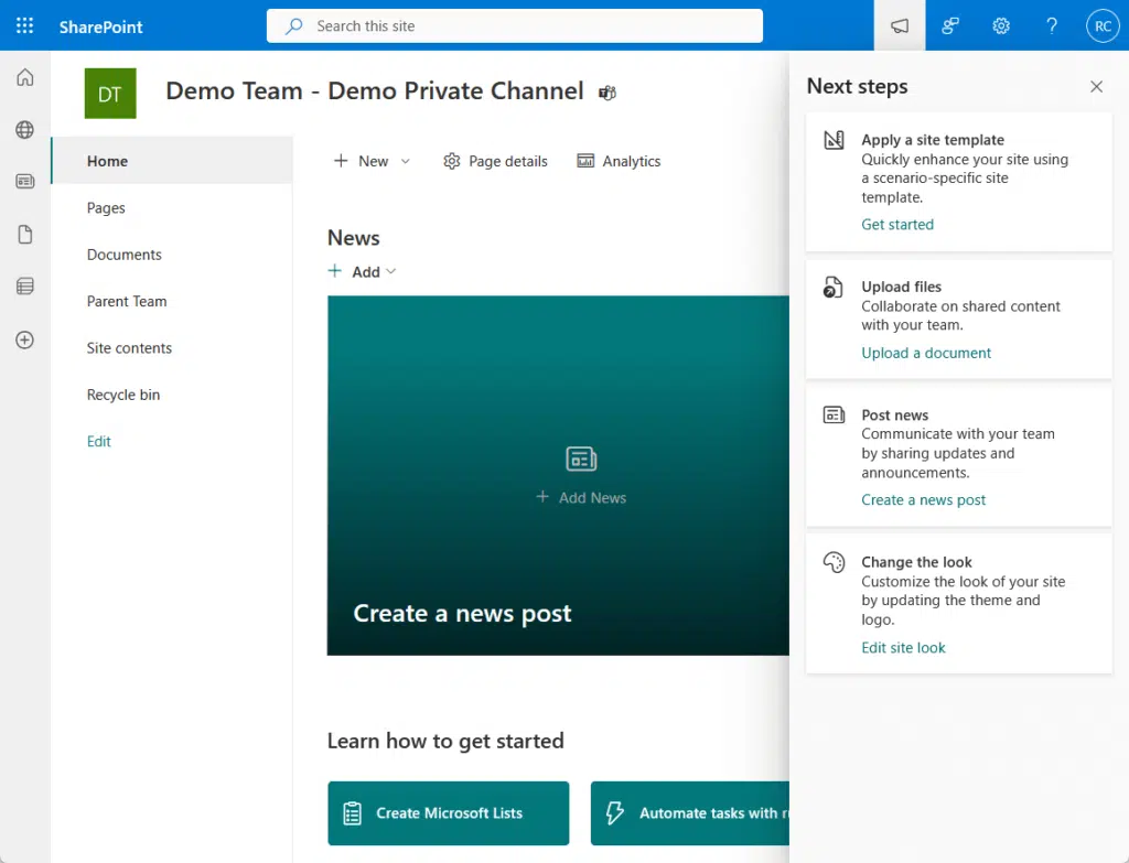demo private channel site in sharepoint