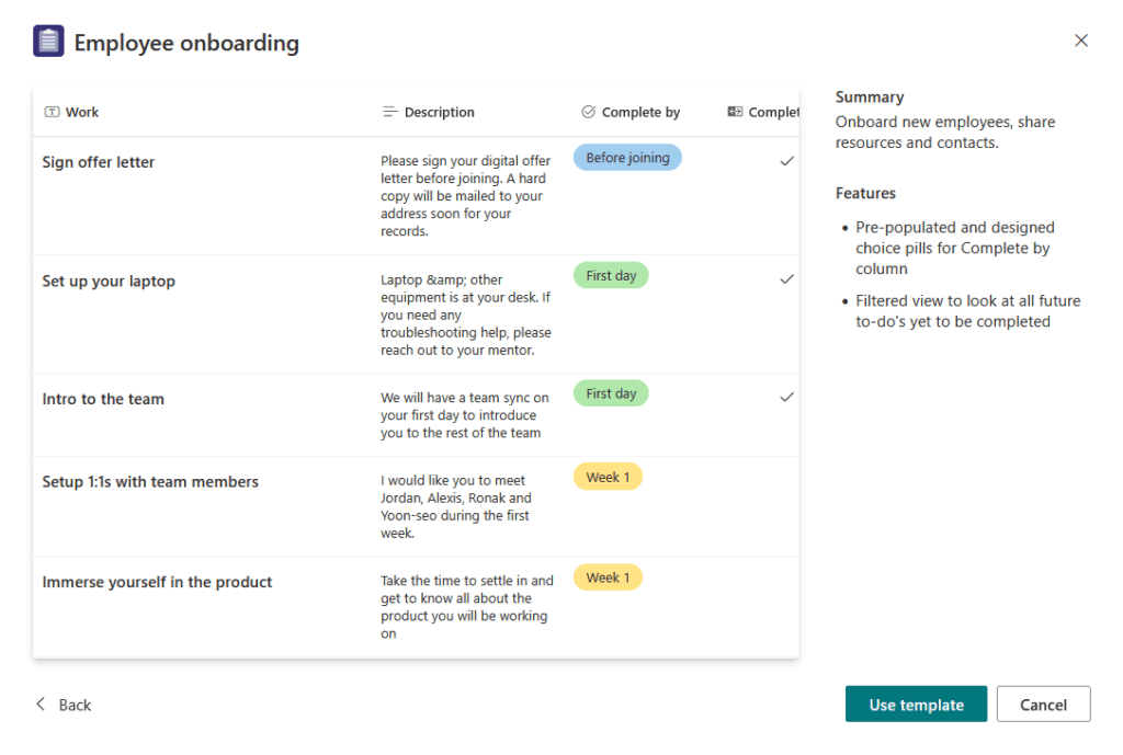 employee onboarding list template preview