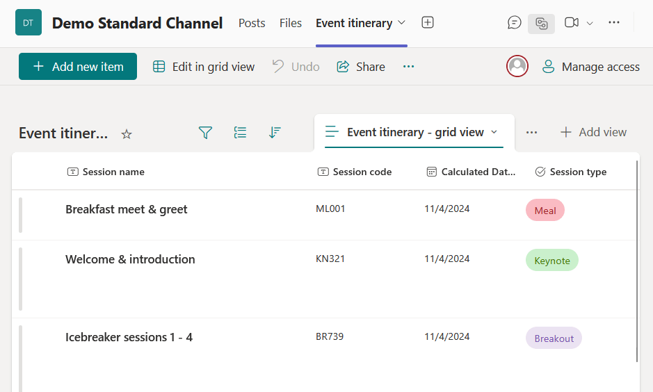 event itinerary list on a channel
