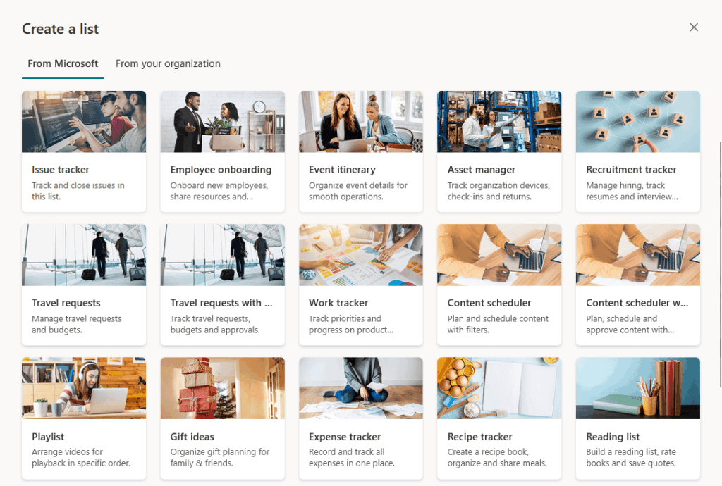 list templates from microsoft to choose from