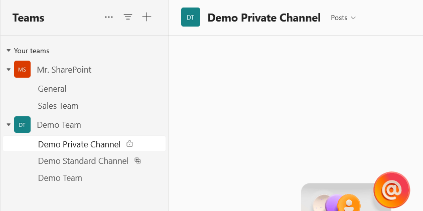 new demo private channel in teams