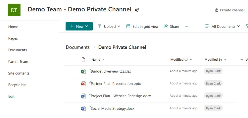 shared files appeared in the private channel site documents