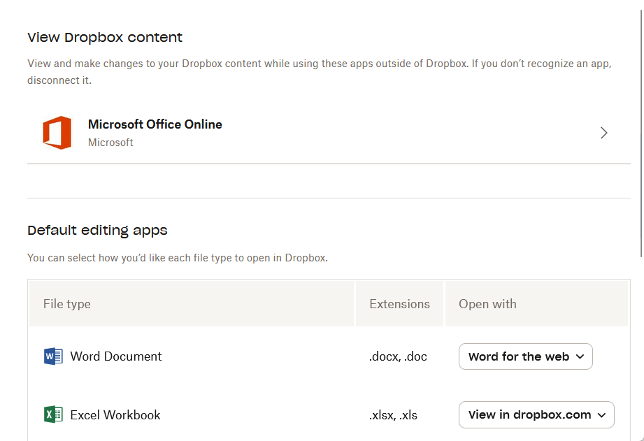 app settings in dropbox