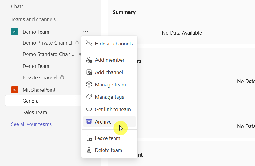 archive a team in teams