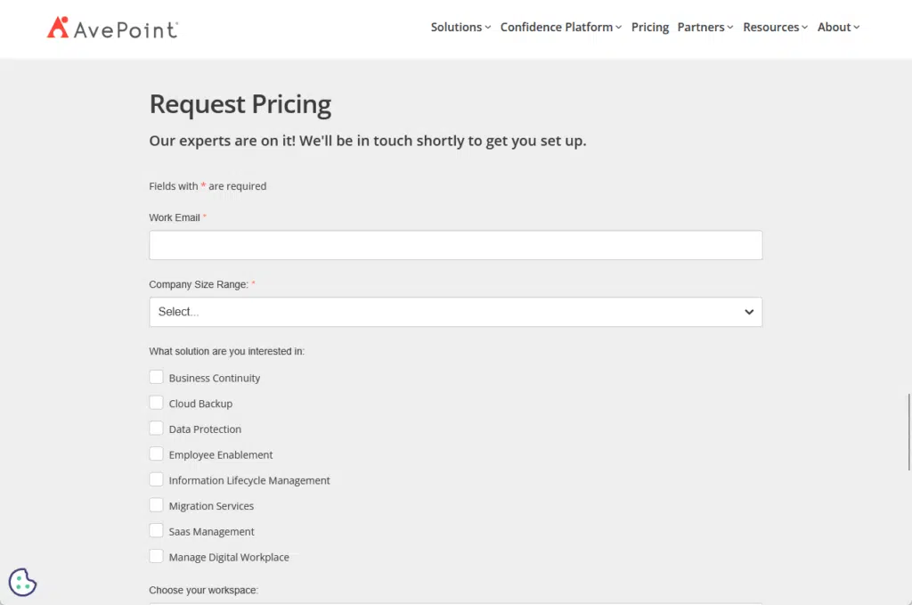 avepoint request pricing page