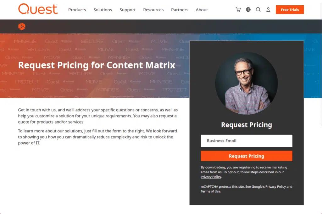 content matrix pricing page
